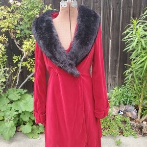 Elegant Red Coat with Black Fur Collar